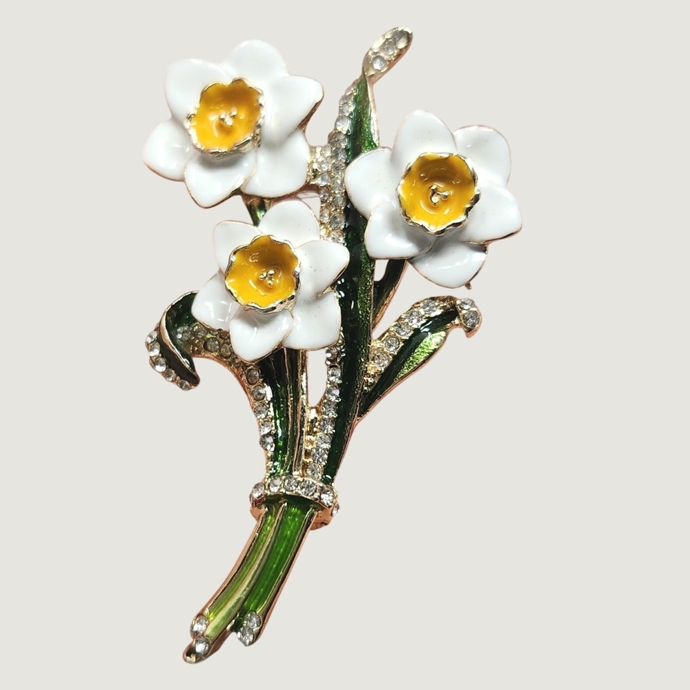 Napier Gold Tone White Enamel Daffodil Flower Bouquet Rhinestone Brooch Pin